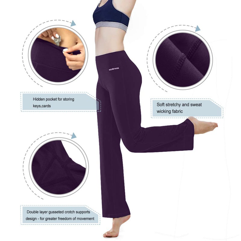 HISKYWIN Inner Pocket Yoga Pants 4 Way Stretch Tummy Control Workout Running Pants, Long Bootleg Flare Pants HF2-Dark Magenta-L - Image 4